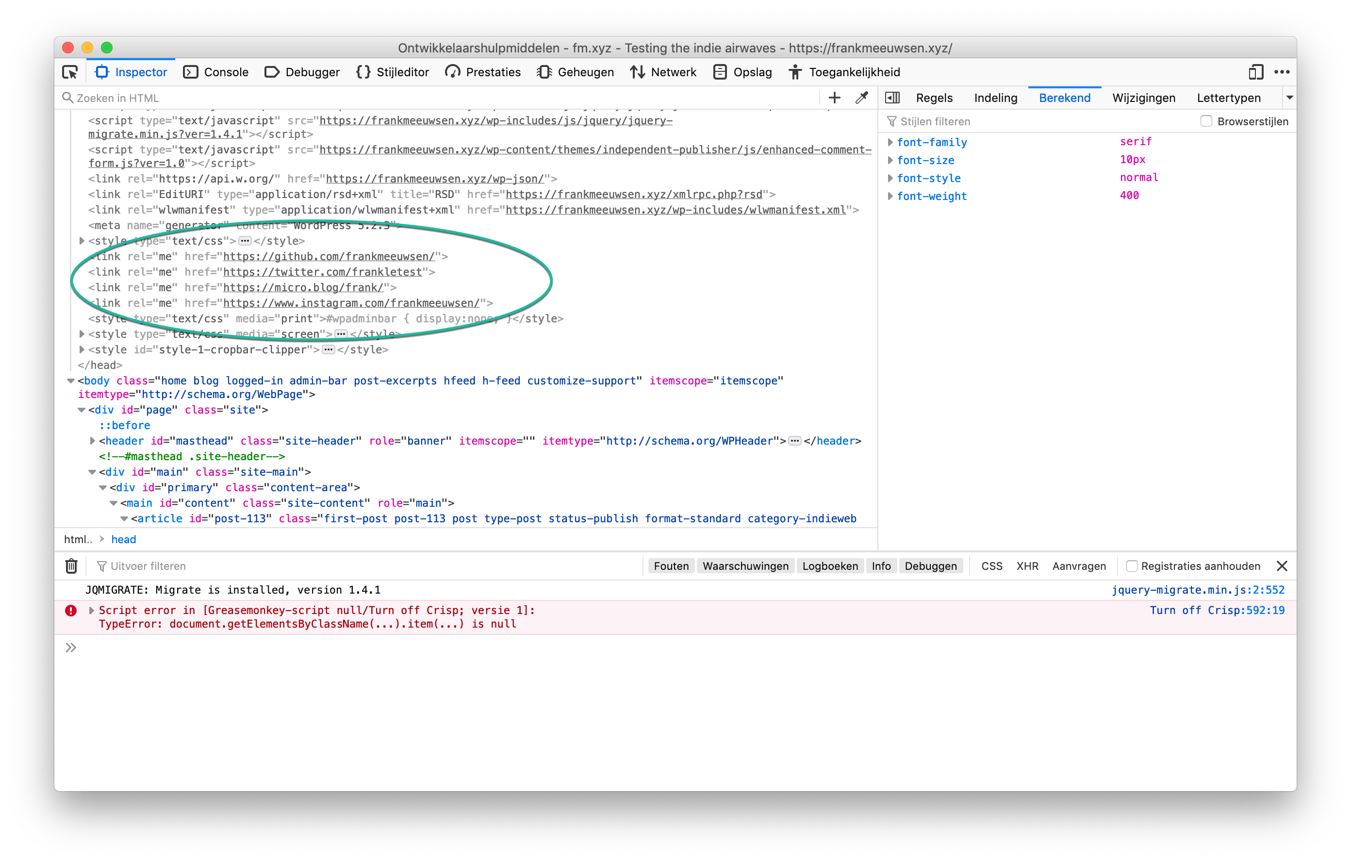Extra rel=me velden in de broncode van de site