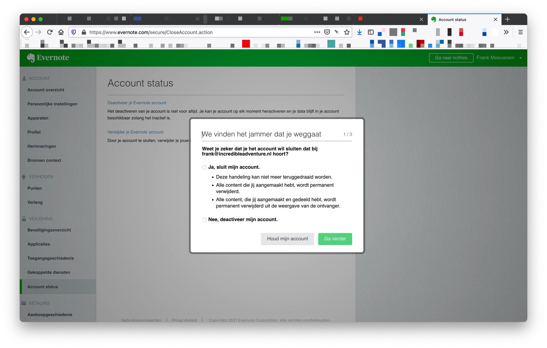 Stap 1 van het verwijderen van je Evernote account