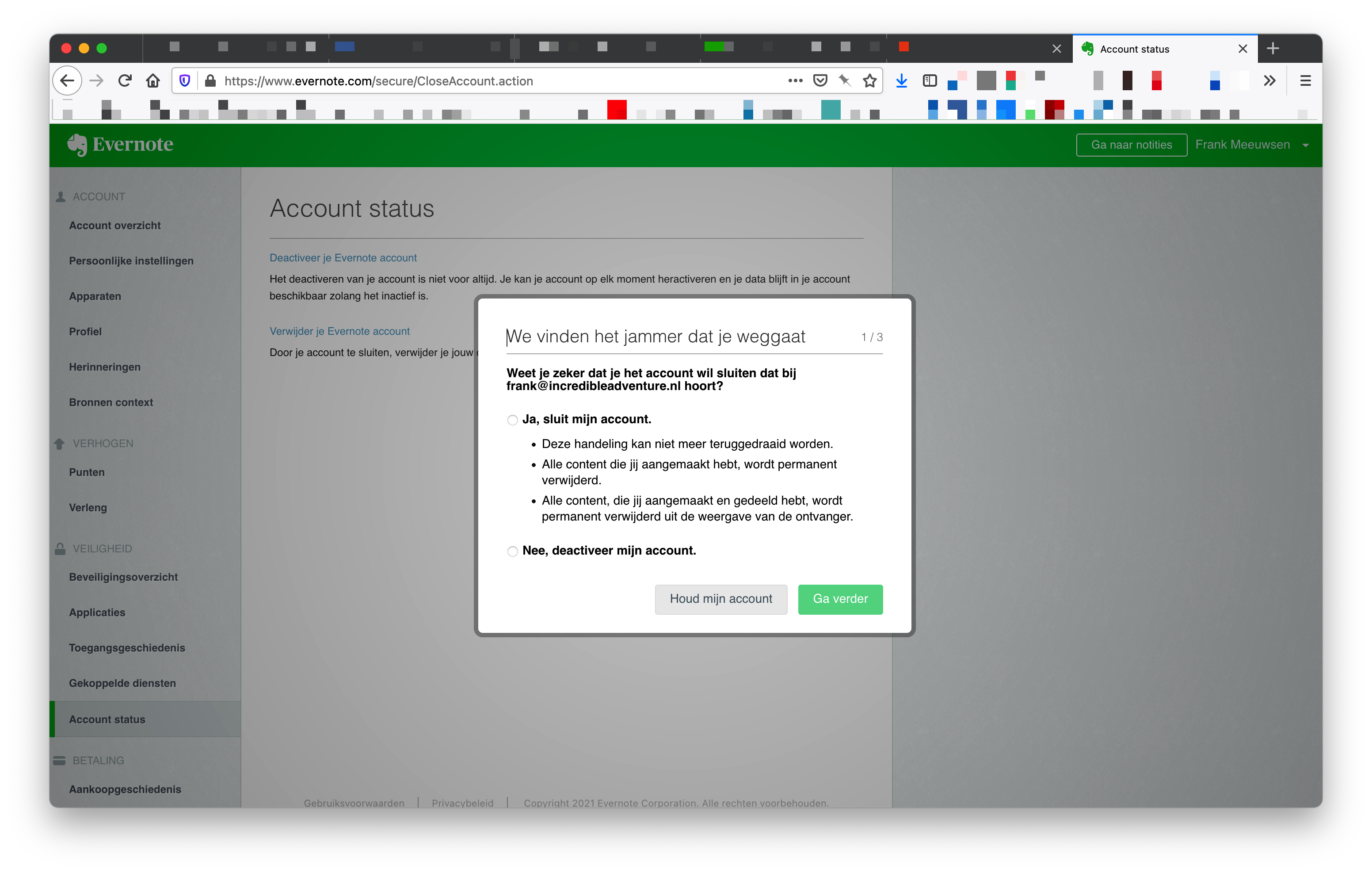 Stap 1 van het verwijderen van je Evernote account