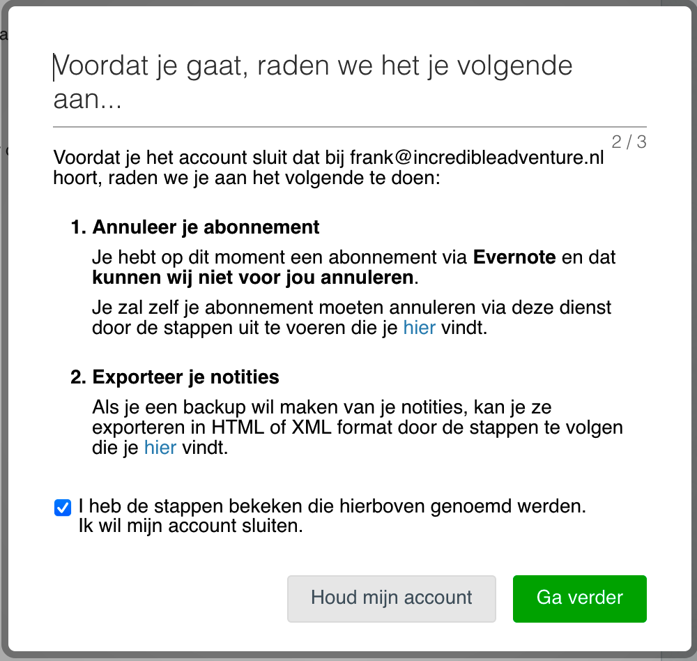 Stap 2 van het verwijderen van je Evernote account