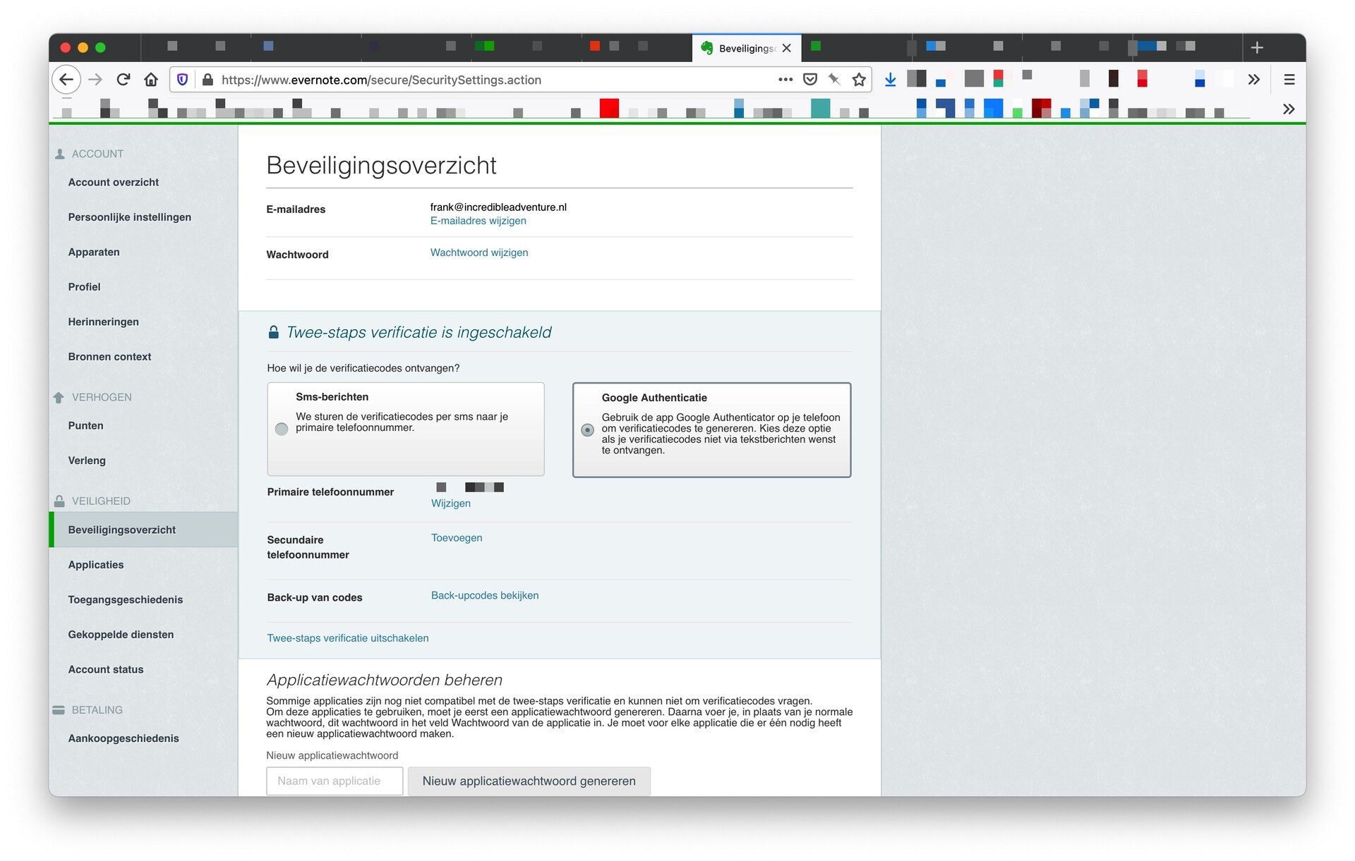 De accountinstellingen op de Evernote website