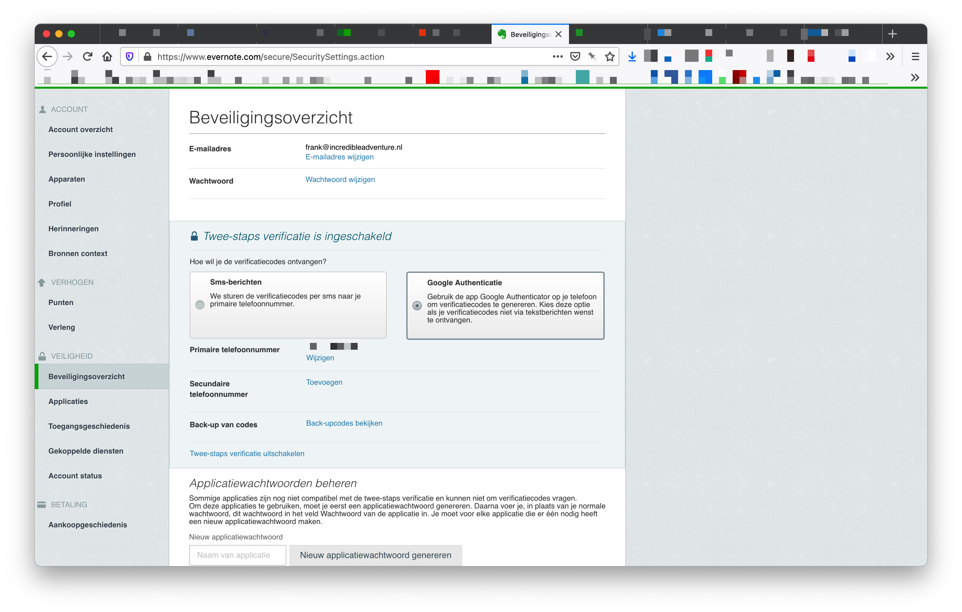De accountinstellingen op de Evernote website