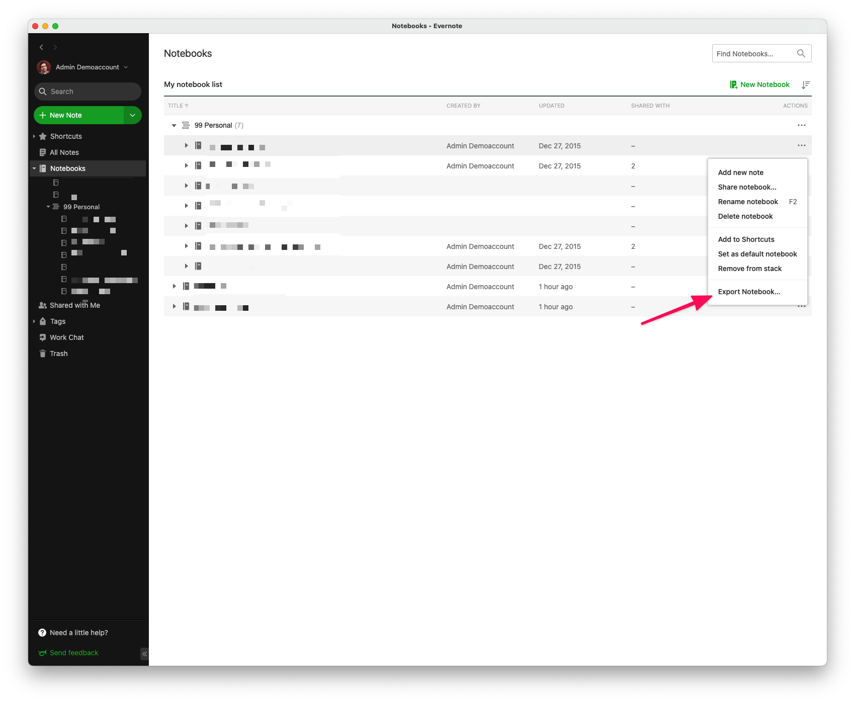 Exporteer de notitieboeken een voor een uit Evernote via dit overzicht.